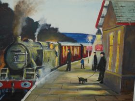 Acrylic on canvas train station scene signed P Chi