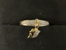 9ct Gold ring diamonds with dolphin Size M 2.2g