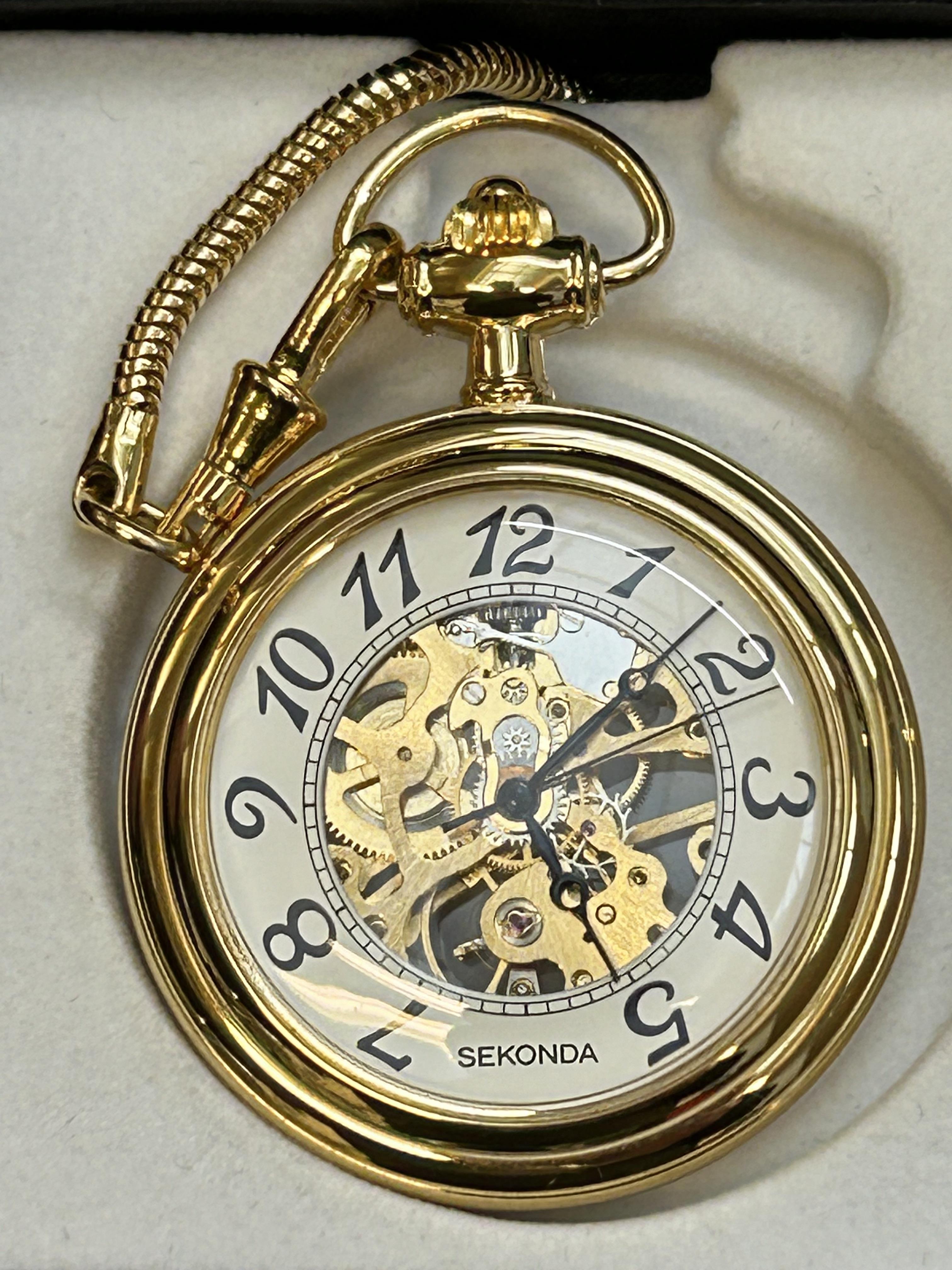 Sekonda pocket watch with skeleton dial, chain and