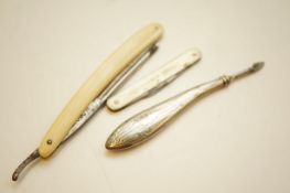 Cut throat razor, pen knife & silver handle