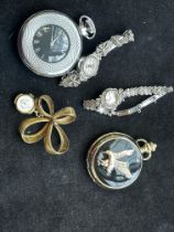 2 pocket watches, 2 wristwatches & brooch watch