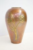 Arts & crafts hammered copper vase with inlaid flo