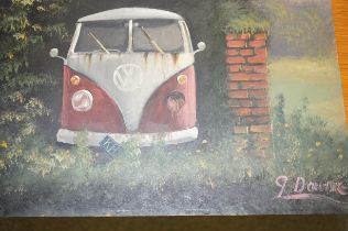 James Downie painting on board - VW camper van (fr