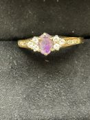 9ct Gold ring set with amethyst & cz stones Size S