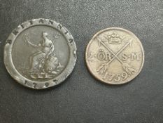 1797 Two pence together with a 1759 Swedish coin