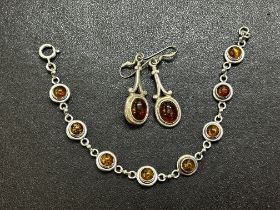 Silver & amber bracelet & earring set