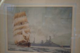 Framed watercolour sailing ship & battle ship scen