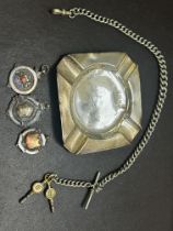 Silver ashtray(dinted), 3x silver fobs & white met