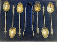 Cased silver apostle spoons & sugar tongs