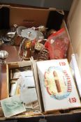 Large box of silver plated ware to include coins,