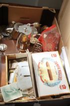 Large box of silver plated ware to include coins,