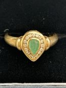 9ct Gold pear shaped natural emerald & diamond rin