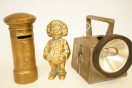 British rail lantern & 2x brass money boxes