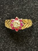 9ct gold ring set with diamond and rubies Size K