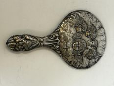 White metal hand mirror