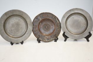 Elkington copper plate together with 2 pewter plat