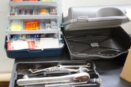 Collection of spanners & wrenches, tool box & fish