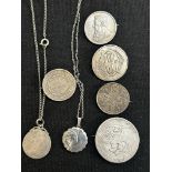 Silver chain & photo pendant, coin pin brooch, coi