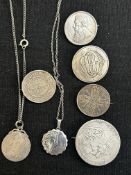Silver chain & photo pendant, coin pin brooch, coi
