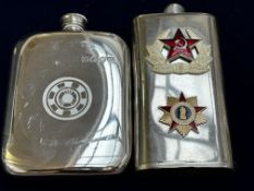 2 Flasks - 1 with Soviet union badges