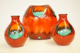 3x Poole pottery pottery vases, volcano pattern Ta
