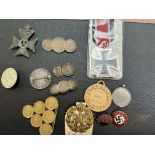 Collection of victorian coinage made into pin brooches, RAF badge, reproduction german cross, 2