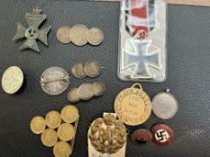 Collection of victorian coinage made into pin brooches, RAF badge, reproduction german cross, 2