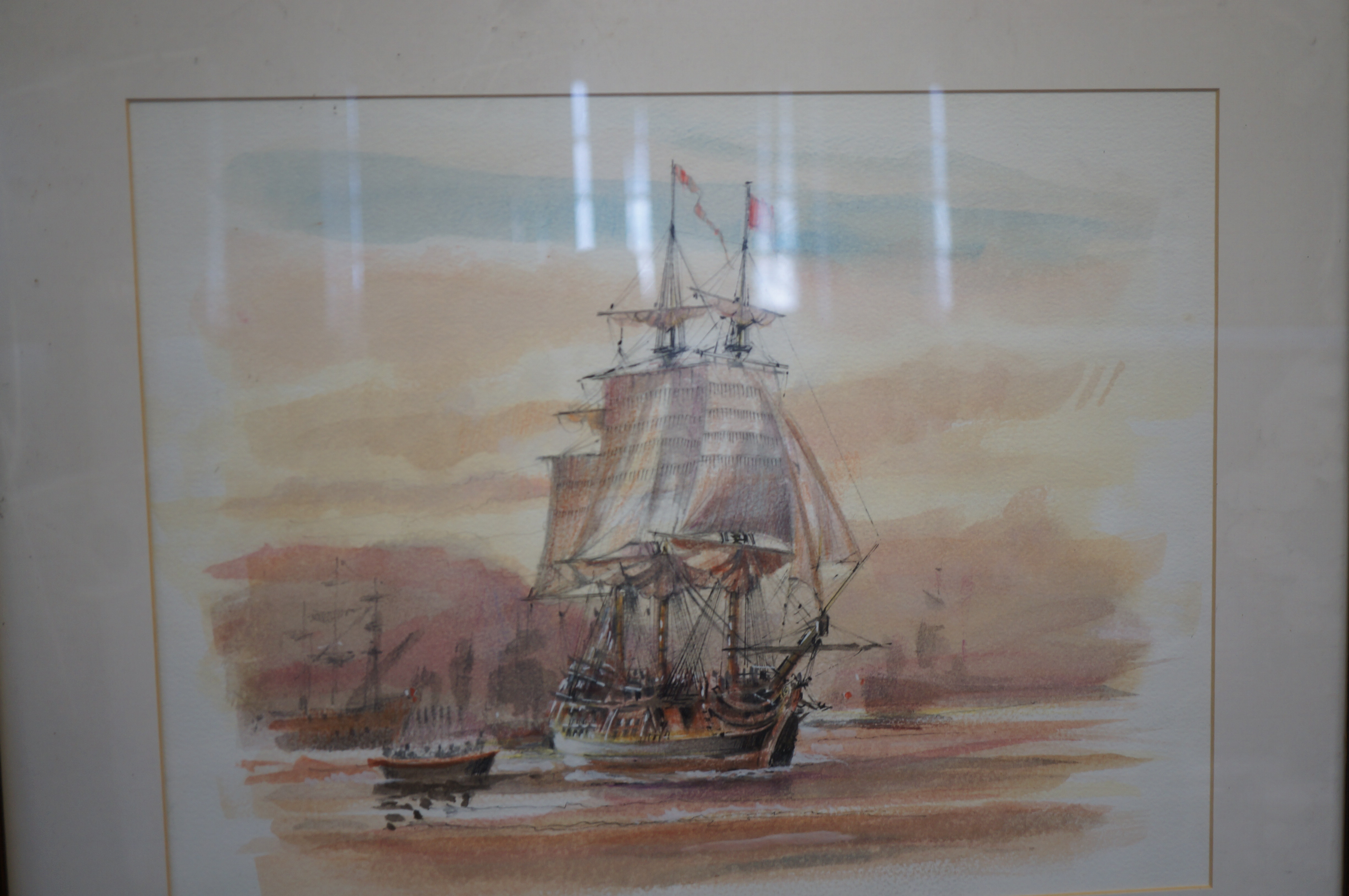 Framed watercolour, ship scene unsigned