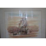 Framed watercolour, ship scene unsigned