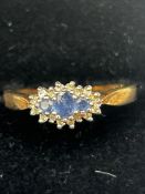 9ct Gold ring set with sapphires & diamond Size Q