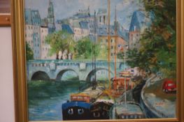 L Danford oil on canvas river & city scene