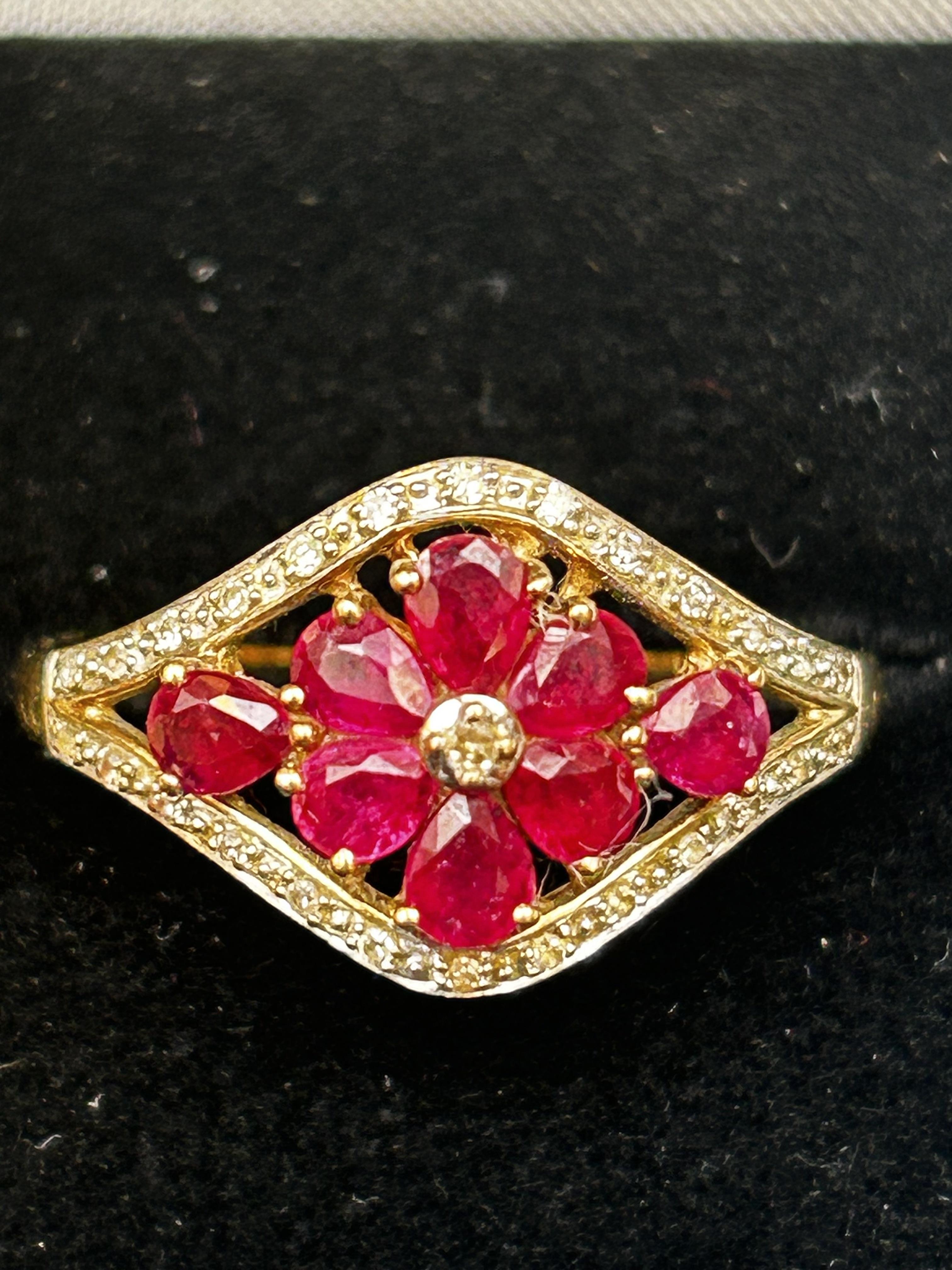 9ct Gold ring set with rubies & diamonds Size U 3.