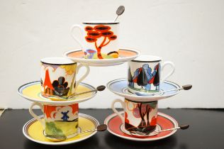 5 Wedgewood Clarice Cliff cup, saucers & spoon