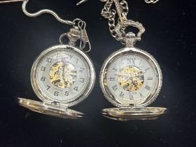 2x NY London Skelton pocket watches with chains
