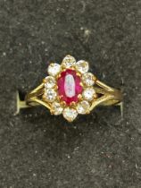 9ct Gold ring set with white stone & garnet Size M