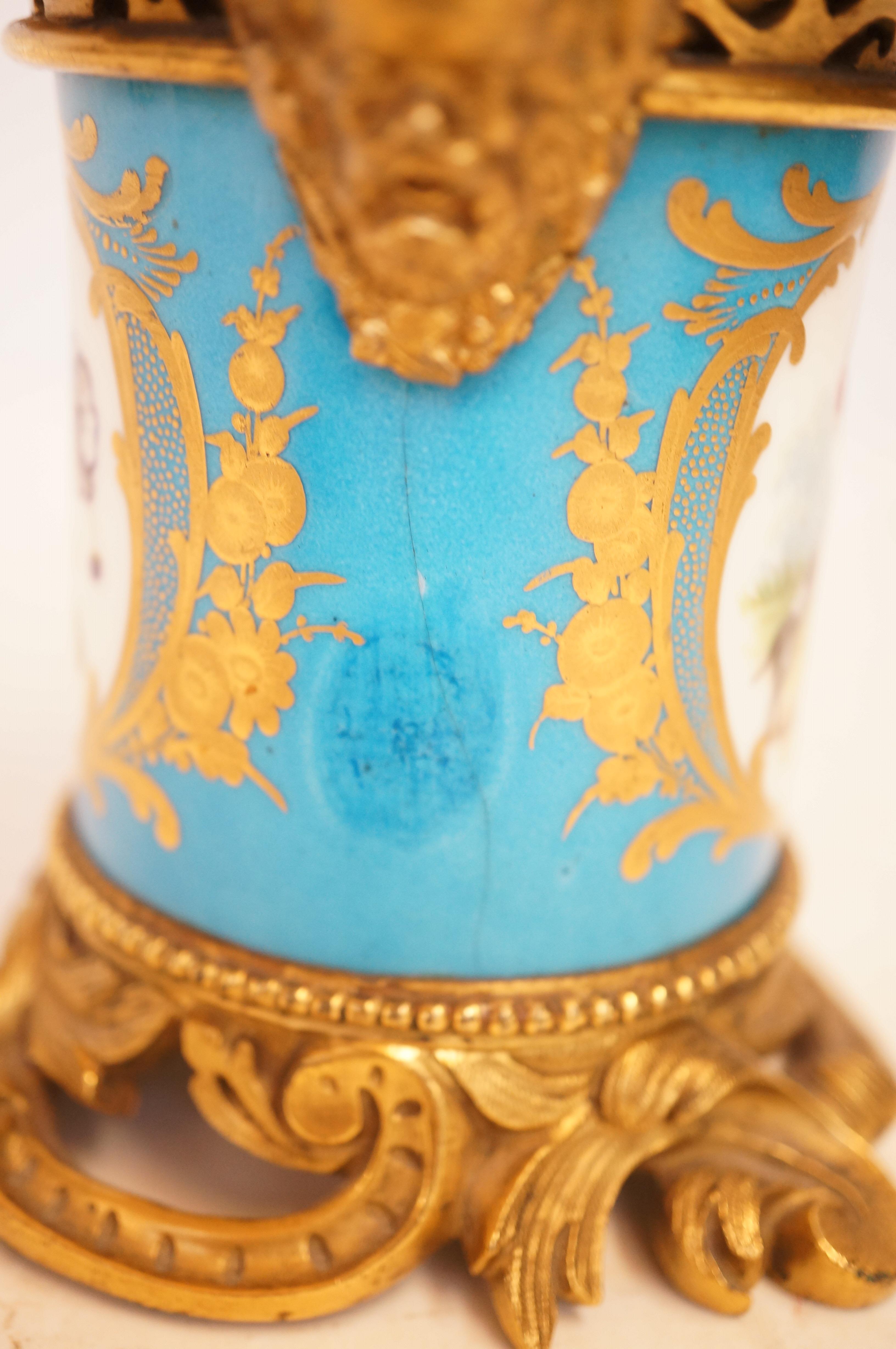 Sevres hand painted & gilt bronze pot (no cover) hair line to blue on side & blemish Height 13 cm - Image 3 of 4