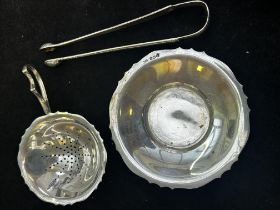 Silver sifter, silver pin tray & silver sugar tong