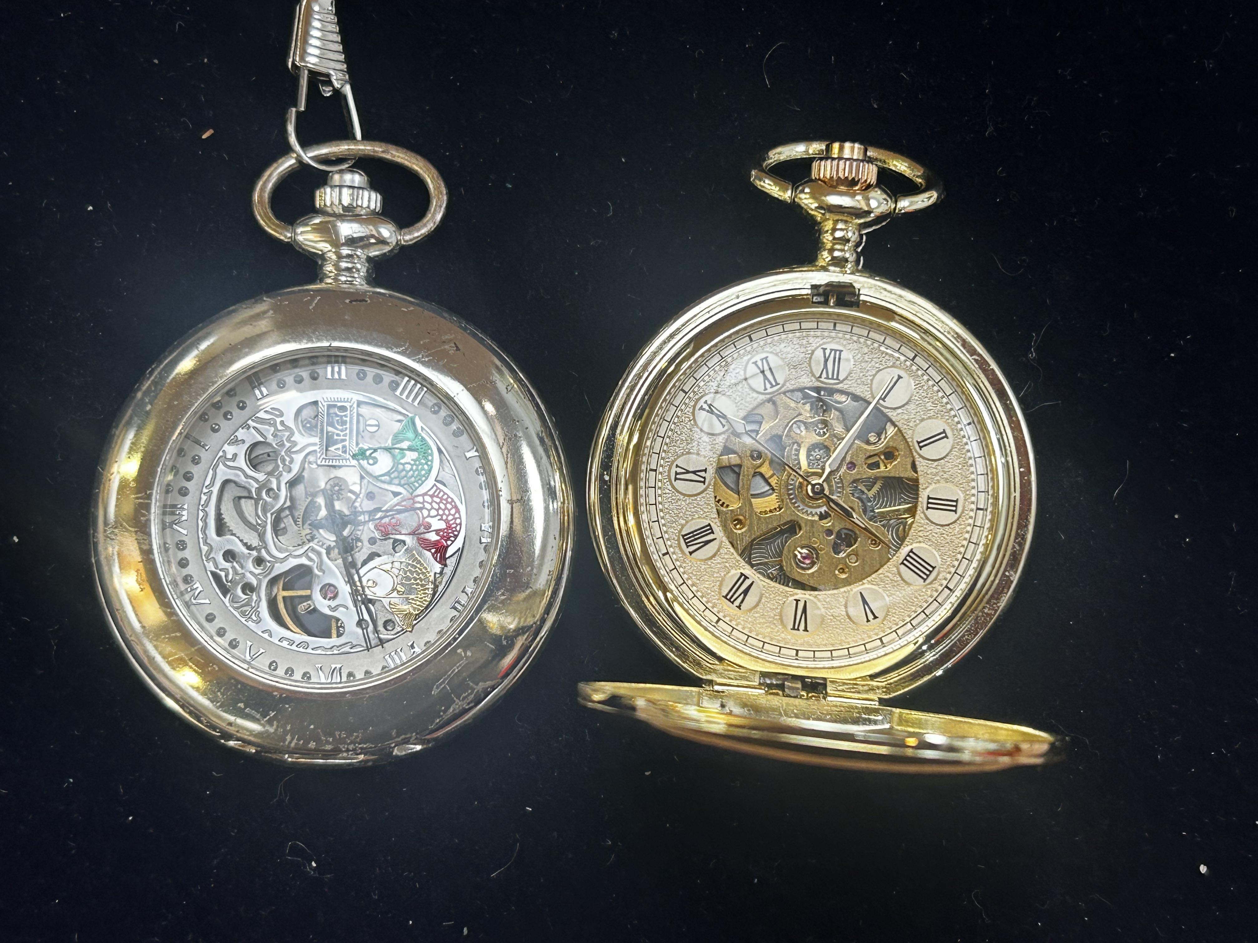 2 Skelton pocket watches - 1 with chain