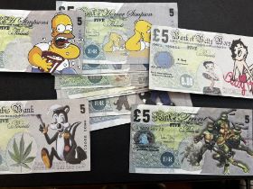 Large collection of 18 comedy 5 pound notes with a