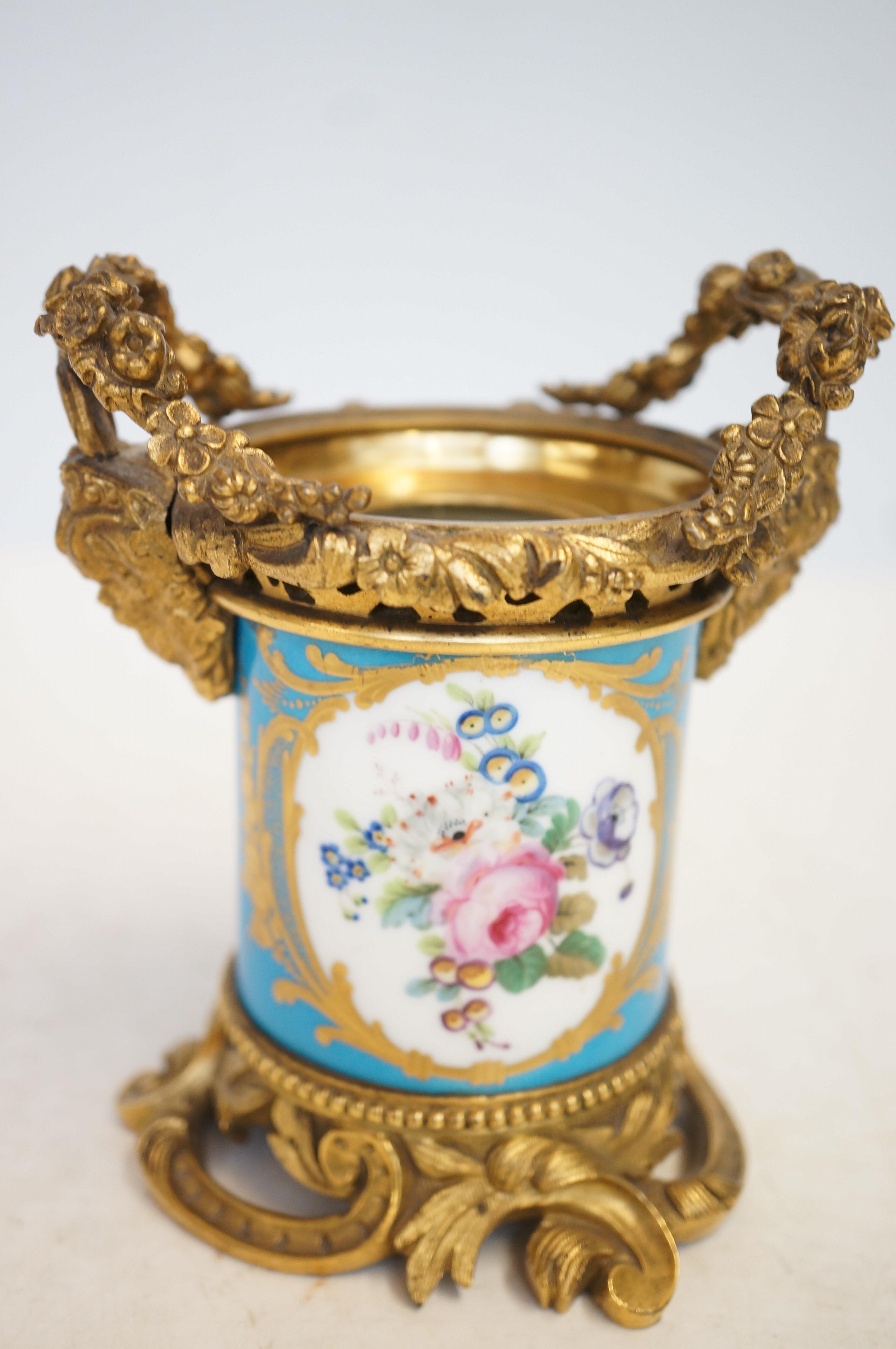 Sevres hand painted & gilt bronze pot (no cover) hair line to blue on side & blemish Height 13 cm - Image 2 of 4