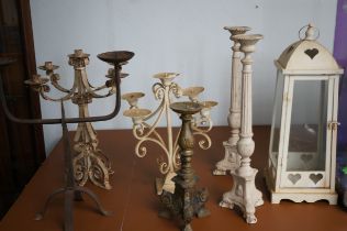 Collection of metal & wood candle sticks