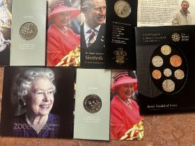 3x five pound coins & uncirculated coin set