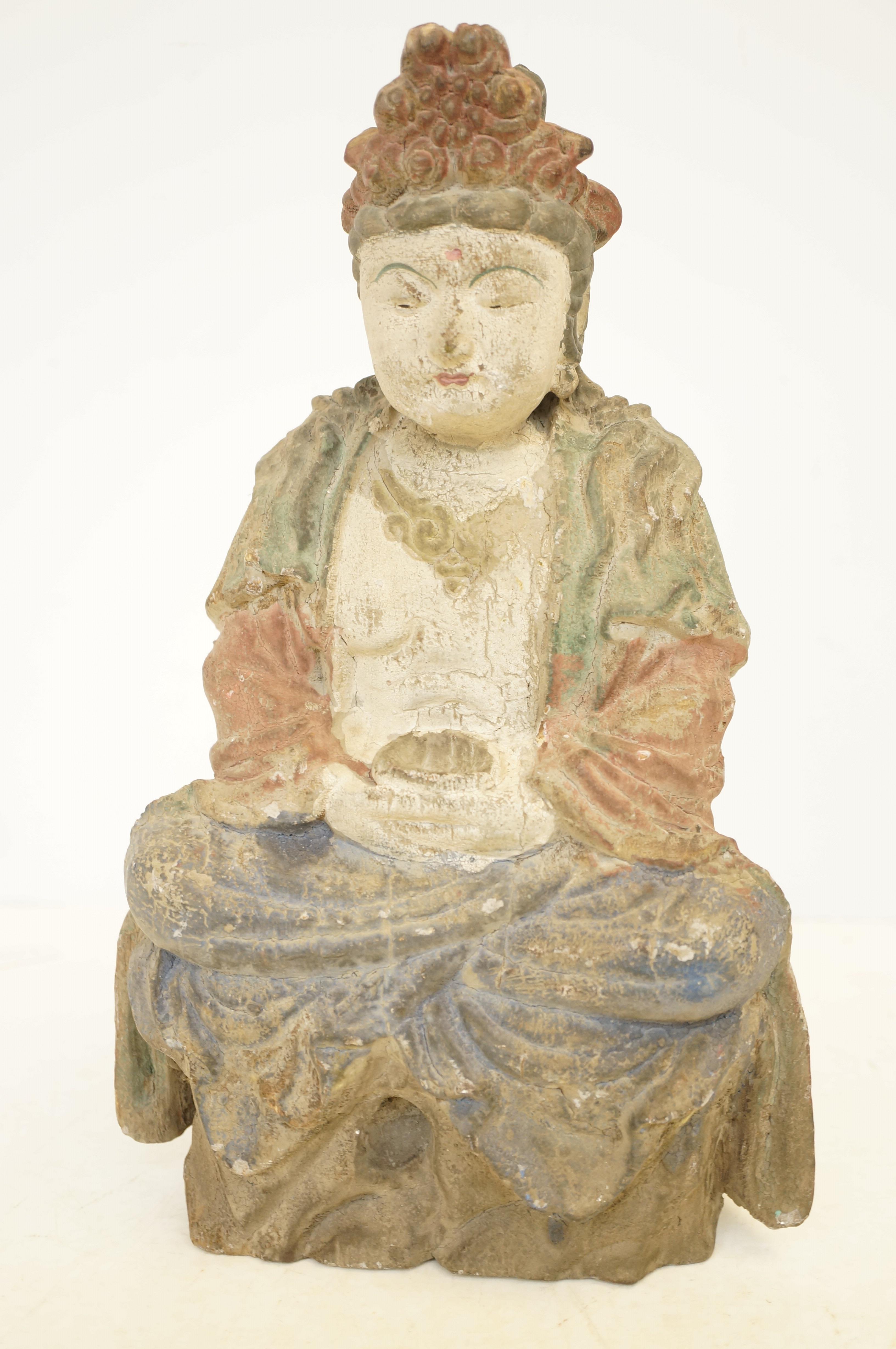 Vintage wooden carved painted seated buddha