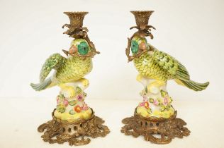 Pair of parrot candle sticks, ceramic & bronze Hei