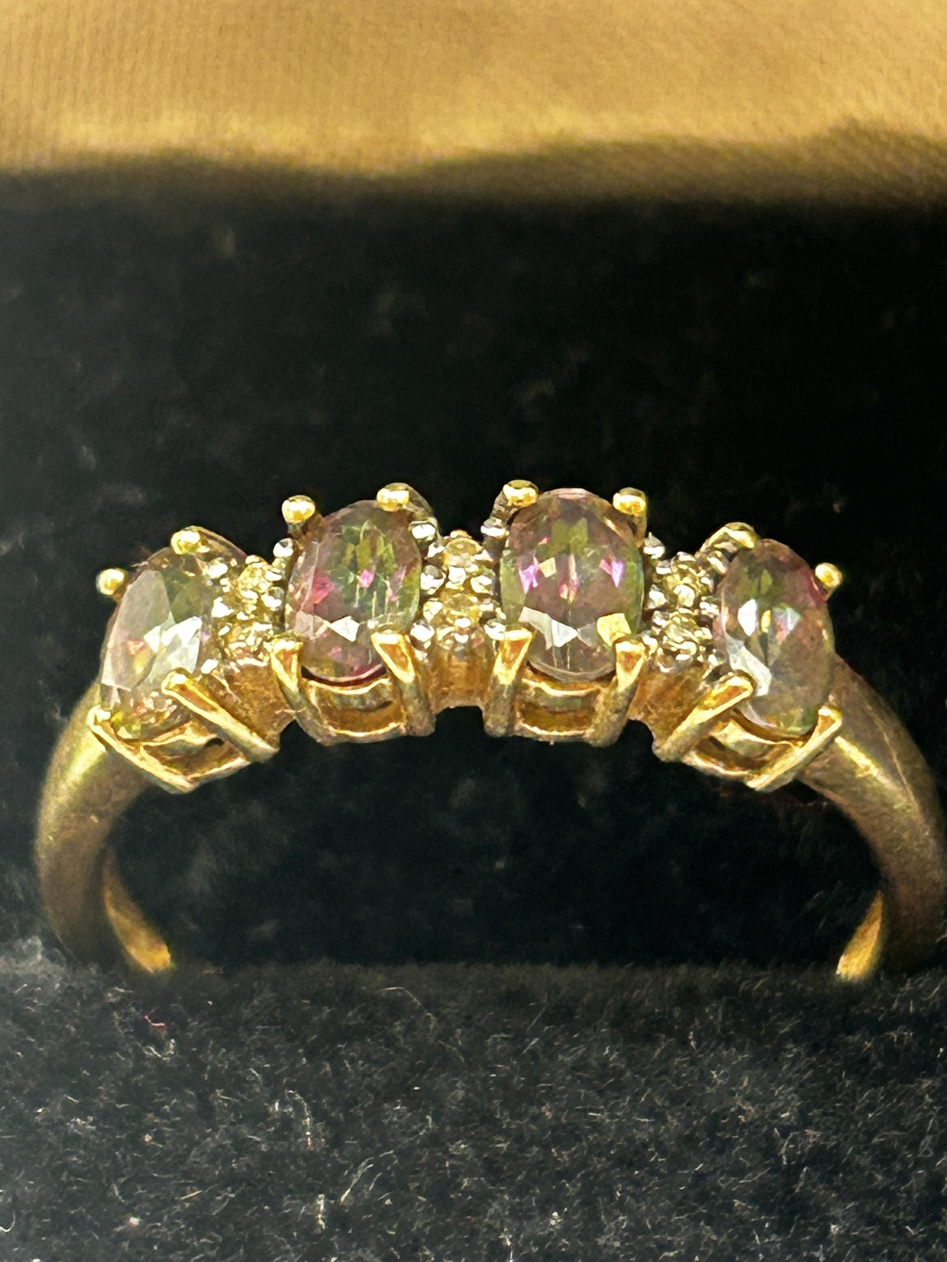 9ct Gold ring set with mystic topaz & diamonds Siz