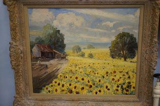 Oil on canvas sunflower fields & farm