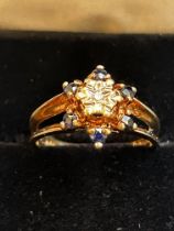 9ct Gold ring set with diamond & sapphires Size M