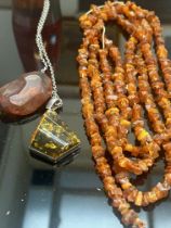 Silver & amber chain & pendant, very large amber n
