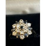 9ct Gold cluster ring sapphires & cz stones Size O