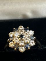 9ct Gold cluster ring sapphires & cz stones Size O